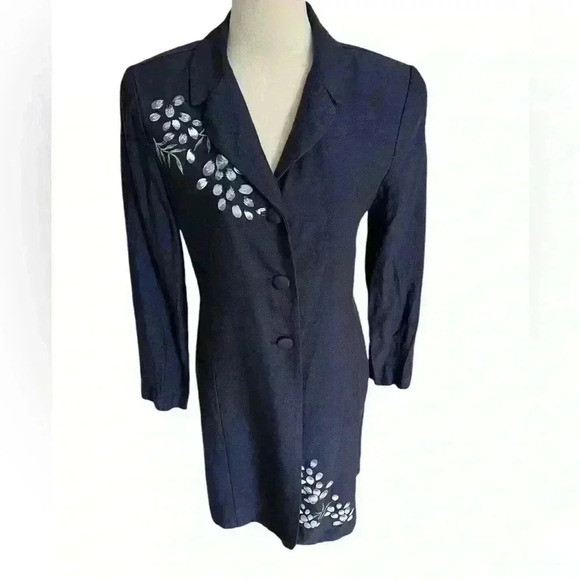 Jessica Howard Coat Dress Navy Blue with Handpainted Flowers Vintage 80s Size 10 - Picture 1 of 9